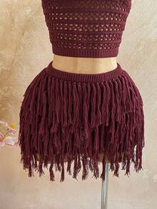 Soleia 女士V领露背系带露脐上衣搭配流苏迷你裙两件套，适合派对、圣诞节、约会、夜店、波西米亚风、度假、秋季等场合。 - 酒紅色 - 查看 4