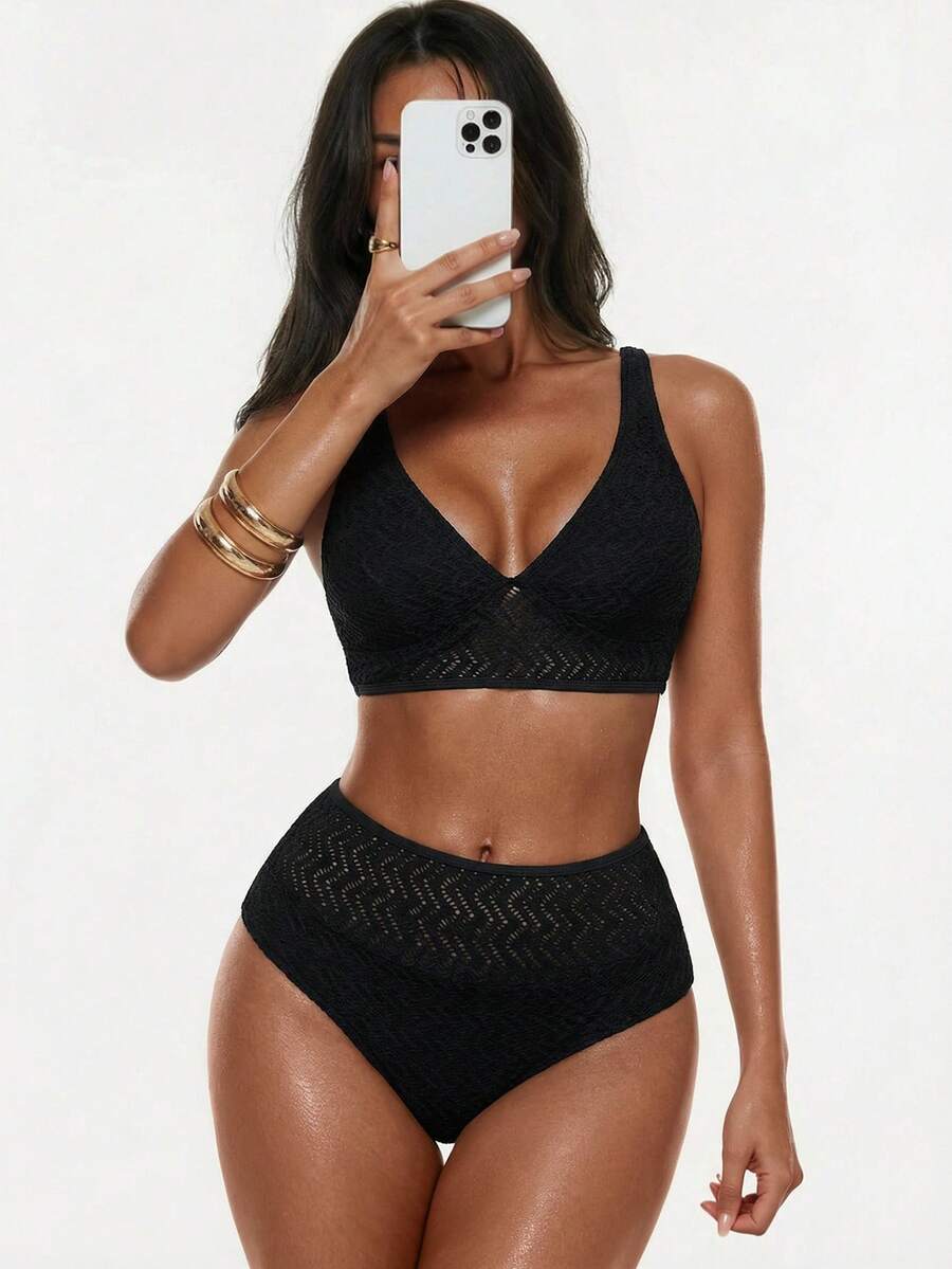 Oceva Set de bikini triunghiular cu talie înaltă și croială minimalistă tricotată Jacquard pentru femei, 2 buc., vară, plajă, modă - Negru - Vizualizare 1