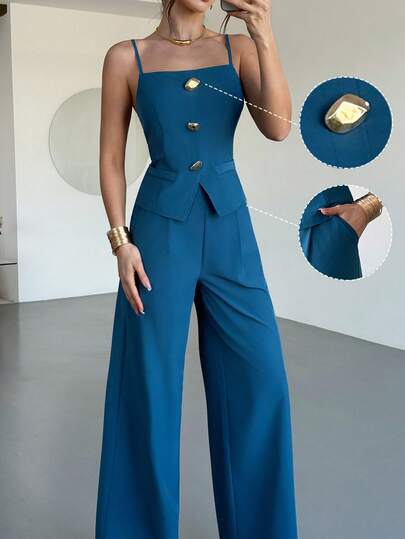 Rafferiza New Summer Women's Suit: Fashionable, Simple, And Elegant Two-Piece Set For Casual And Commuter Work. Features A Halter-Neck Vest With Front Metal Buckle, A High-Waisted Wide-Leg Trousers, And A Slim-Fit Solid Color Design With Pockets. Also Includes A Blue Suit With Metal Buckles. A Professional Urban Look For Women.