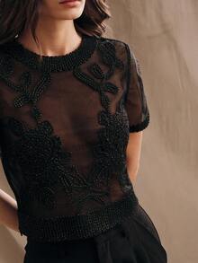 Anewsta Spring Sexy Elegant Party Crochet Mesh Embroidery Sheer See-Through Luxury Evening Blouse For Women - Black - View 1