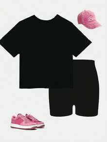 2pcs/Set Tween Girls Casual K-POP Cartoon Girl Pentagram Color Block Short Sleeve Crew Neck T-Shirt And Matching Shorts Set, Comfortable Knit Outfit For Girls Daily Vacation, Purple T-Shirt Set - Pink - View 2