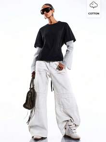 LYSMO 女士条纹拼接收腰长袖休闲T恤 - 藏蓝色 - 查看 6