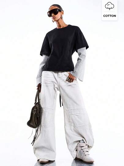 LYSMO 女士条纹拼接收腰长袖休闲T恤