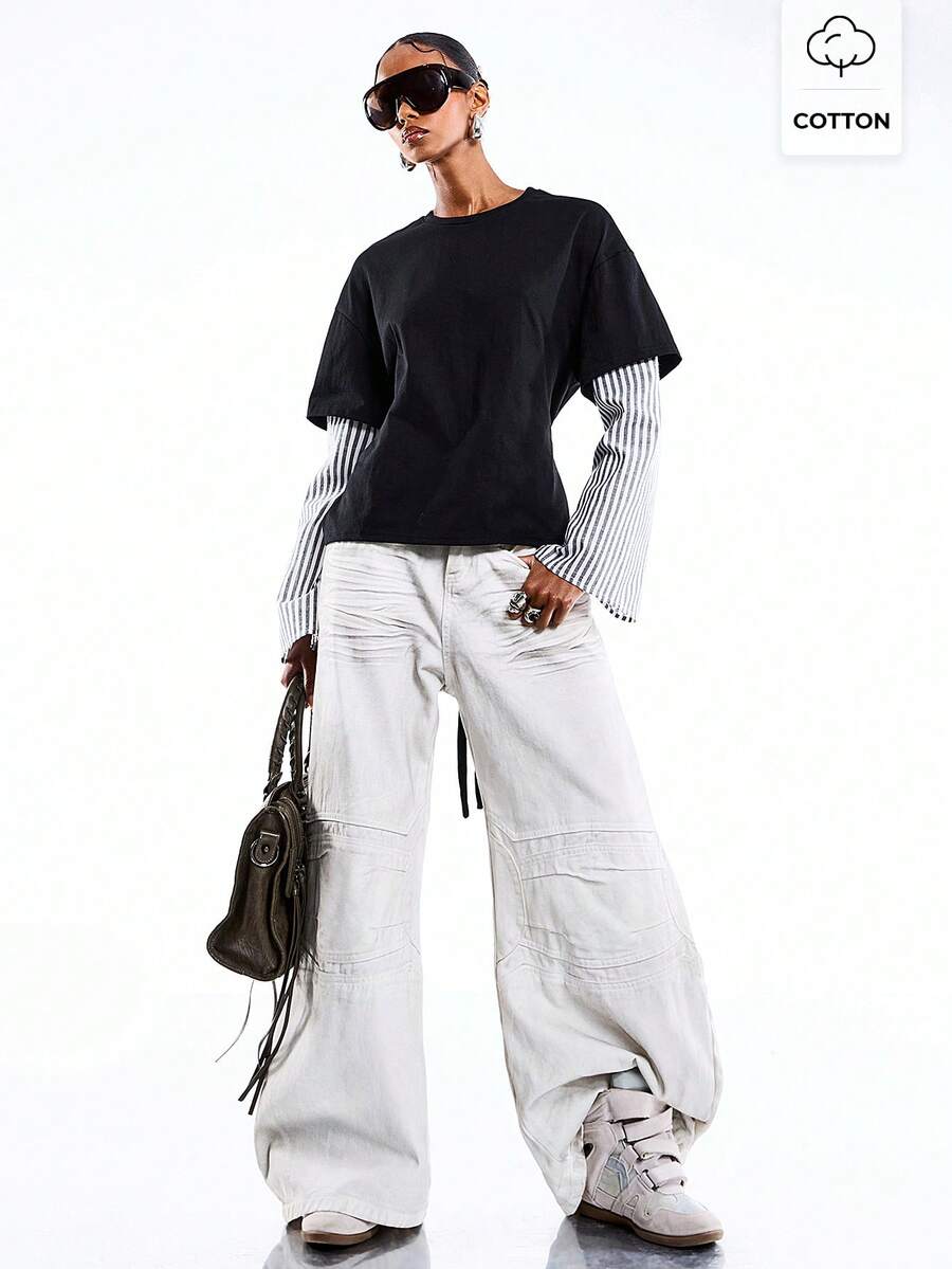 LYSMO 女士条纹拼接收腰长袖休闲T恤 - 藏蓝色 - 查看 1