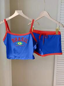 Comfortcana Set Atasan Tanpa Lengan dan Celana Pendek Super Pendek Warna Bendera Brasil - MultiWarna - View 4
