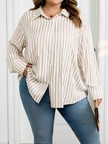 SHEIN CURVE+ Camisa abierta a rayas de color caqui claro talla grande, camisa elegante para mujer de oficina - Multicolor - Ver 8