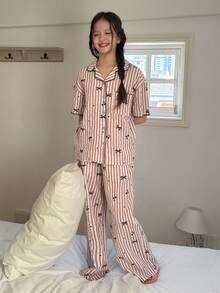 DAZY Tween Girl Bow & Striped Print Short Sleeve Top And Pants Pajama Set Summer - Pink - View 5