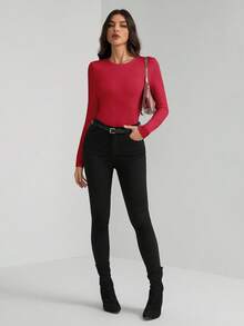 SHEIN Tall Áo liền thân nữ mùa xuân dáng ôm vừa vặn màu trơn - Đỏ - Xem 4