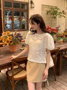 DAZY Damen Rundhals 3D Blumen Eleganter Koreanischer Stil Strickoberteil Sommer - Weiss - Übersicht 4