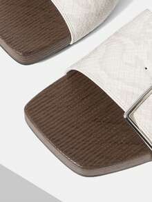 Mnmlis Fashionable & Versatile Wooden Slip-On Sandals With Large Buckle PU Wedge For Women - White - View 5