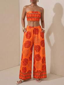 Zivah 2025夏季新款音乐节复活节母亲节婚礼季参加婚礼生日派对日常休闲度假邮轮旅行海滩日光浴爆款优雅通勤商务休闲女式露背吊带上衣和直筒裤带口袋花卉图案绿色两件套 - 橘色 - 查看 5