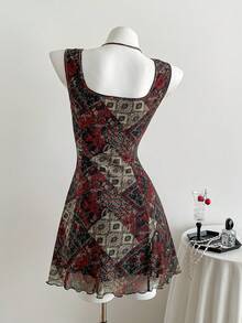 Elamini Đầm ngắn nữ kiểu vintage họa tiết hoa, thắt eo, không tay, viền bèo nhún, phong cách lãng mạn cho kỳ nghỉ biển, mùa xuân/hè. - Nhiều màu - Xem 2
