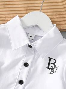 Garden Girls Commuter Style Dress, Summer Collared Shirt Splicing Letter & Numeric Digital Print Mesh Puff Skirt, Suitable For Daily Wear, Vacation & Travel - White - View 5