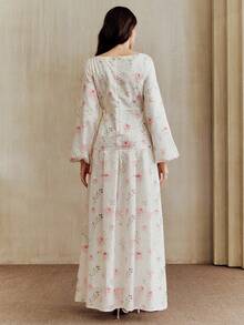 Anewsta Women's Elegant White And Pink Floral Print Maxi Dress,Long Sleeve Casual Loose Summer Cottagecore Party Dress,Minimalist Wildflower Floral Applique - Multicolor - View 2