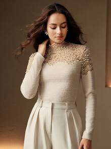 Anewsta 2 Pcs Elegant Lace Patchwork Pearl Embellished Crew Neck Knit Top T-Shirt Set - Multicolor - View 6