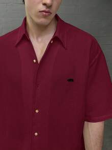 ESTAVOR Men's Casual Fashion Woven Short Sleeve Shirt With Embroidered Polar Bear Design, Suitable For Summer - Red - View 5