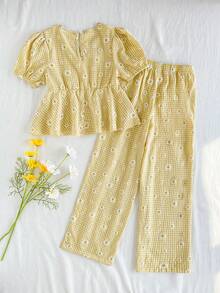 Vintaside Kids 少女黄色格子雏菊印花泡泡袖上衣和配套长裤套装，适合外出、休闲穿着和派对。 - 彩色 - 查看 2