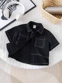 SHEIN Camisa de manga corta con botones delanteros y estampado de dígitos y huellas de mano, estilo casual de verano para bebé niño - Negro - Ver 3