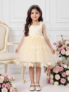 SHEIN Glamorique Kids 少女生日派對婚禮節日禮服，白色夏季傳統抹胸3D花朵薄紗蝴蝶結刺繡澎澎裙公主洋裝 - 杏色 - 查看 14
