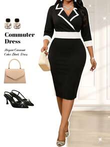 SHEIN Lady Đầm dự tiệc cỡ lớn thanh lịch phối màu ôm sát - Đen và trắng - Xem 5