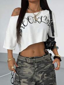 StreetHx Tall Streetwear Women's Letter Print Asymmetric-Shoulder Short Sleeve Sweatshirt - White - View 5