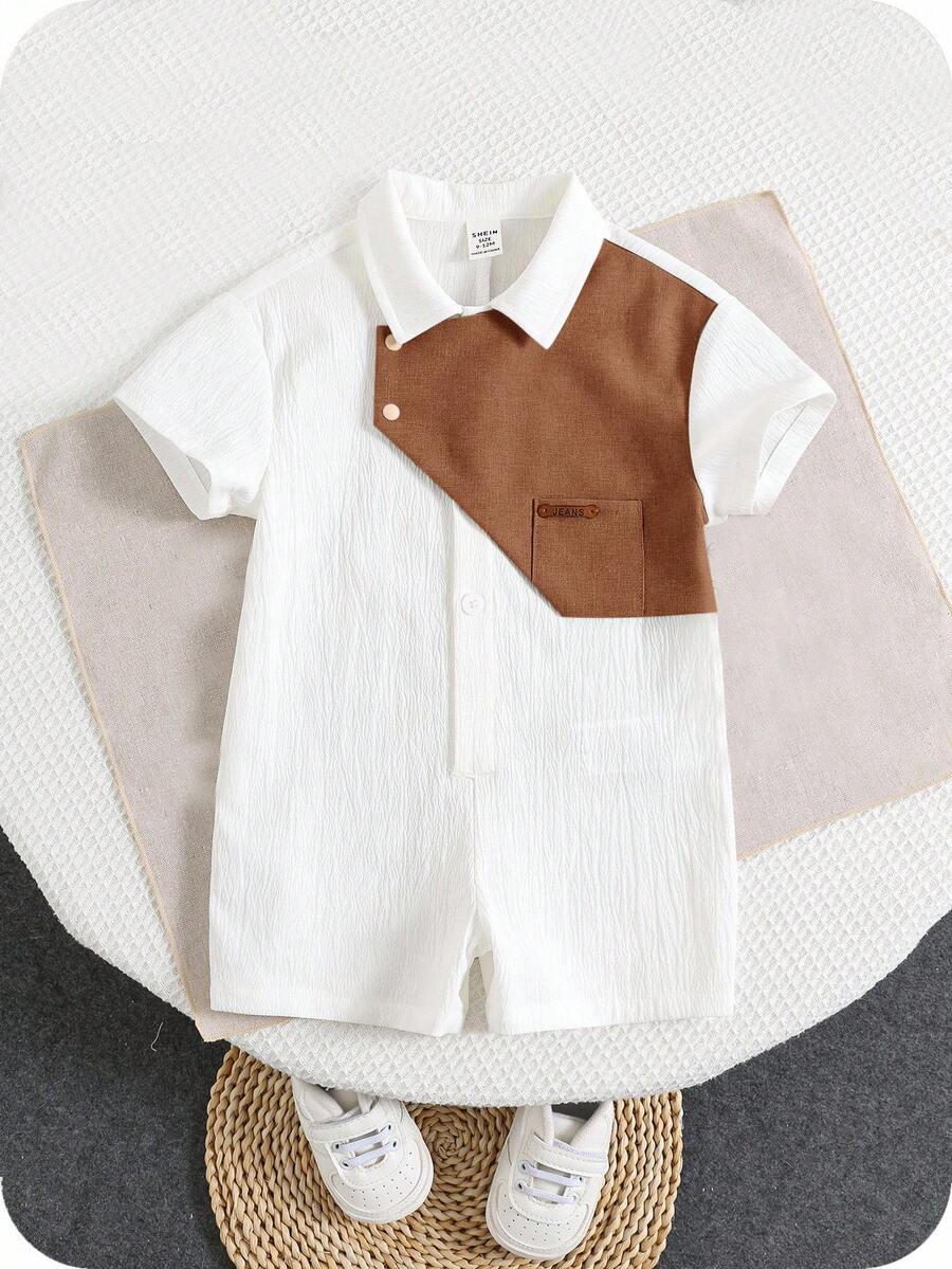 SHEIN Romper Bayi Laki-laki Baru Lahir Lucu untuk Musim Panas, Kasual, dan Berkerah dengan Blok Warna - Coklat - View 1