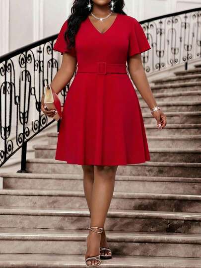 Elenzga Vestido de primavera con cuello en V y cintura ceñida, talla grande, adecuado para fiestas, carnavales, cumpleaños, Día de San Valentín