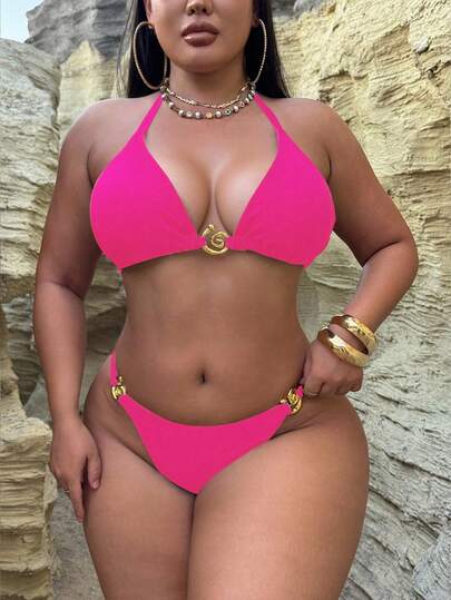 Swim SXY Plus Size Women's Halter Sparkly Solid Color Spiral Decor Tankini Swimsuit Set