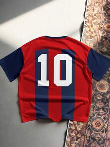 Aesthetic Post 复古街头风，巴塞罗那 Spotify 标志和徽章刺绣，男士红蓝条纹短袖足球球衣 T 恤 - 彩色 - 查看 3