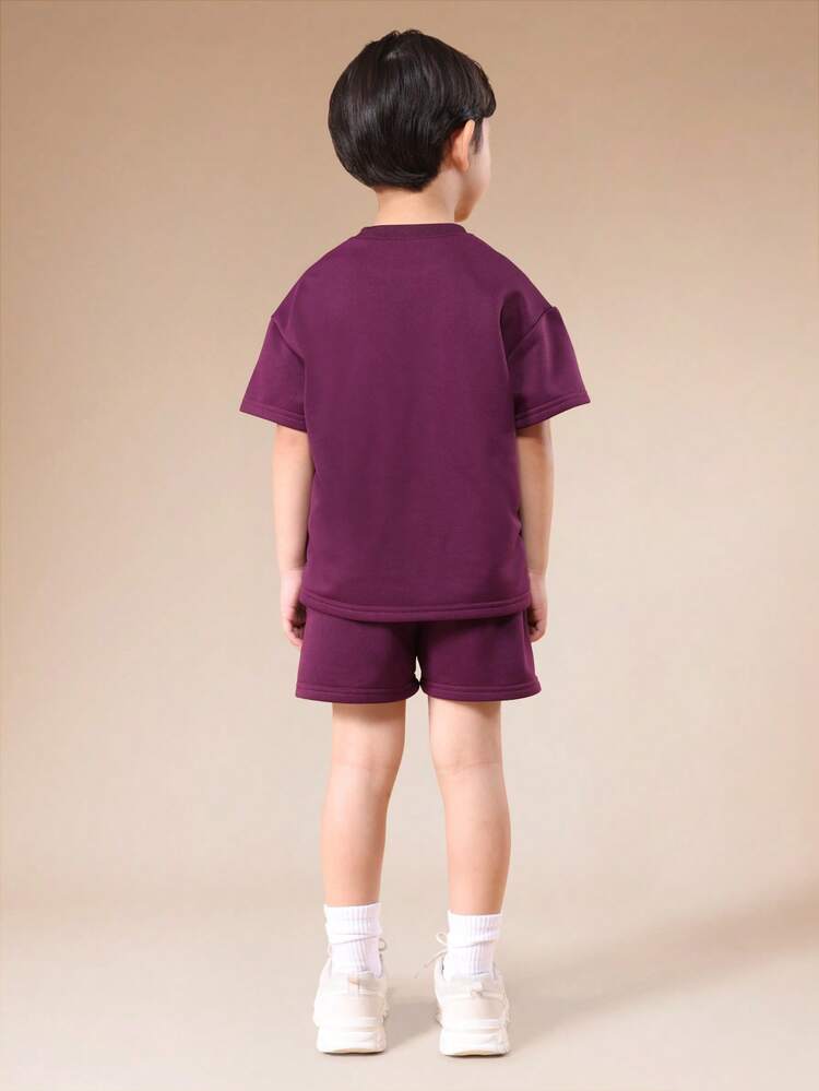 Boys Purple Crew Neck T-Shirt And Shorts Co-Ord Set With Small Chest Logo Print Casual Summer Outfit