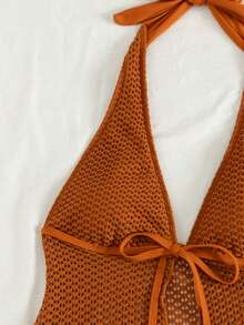 Swim Vcay Burnt Orange Crocheted Halter Tankini For Women Plain Pattern With Lace Up And Tie Side Bottoms Elegant Sexy Style Beach Vacation Summer - Orange - View 7