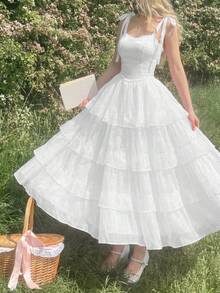 SHEIN MOD Damen Einfarbiges, mehrlagiges, geknotetes elegantes Kleid - Weiss - Übersicht 7