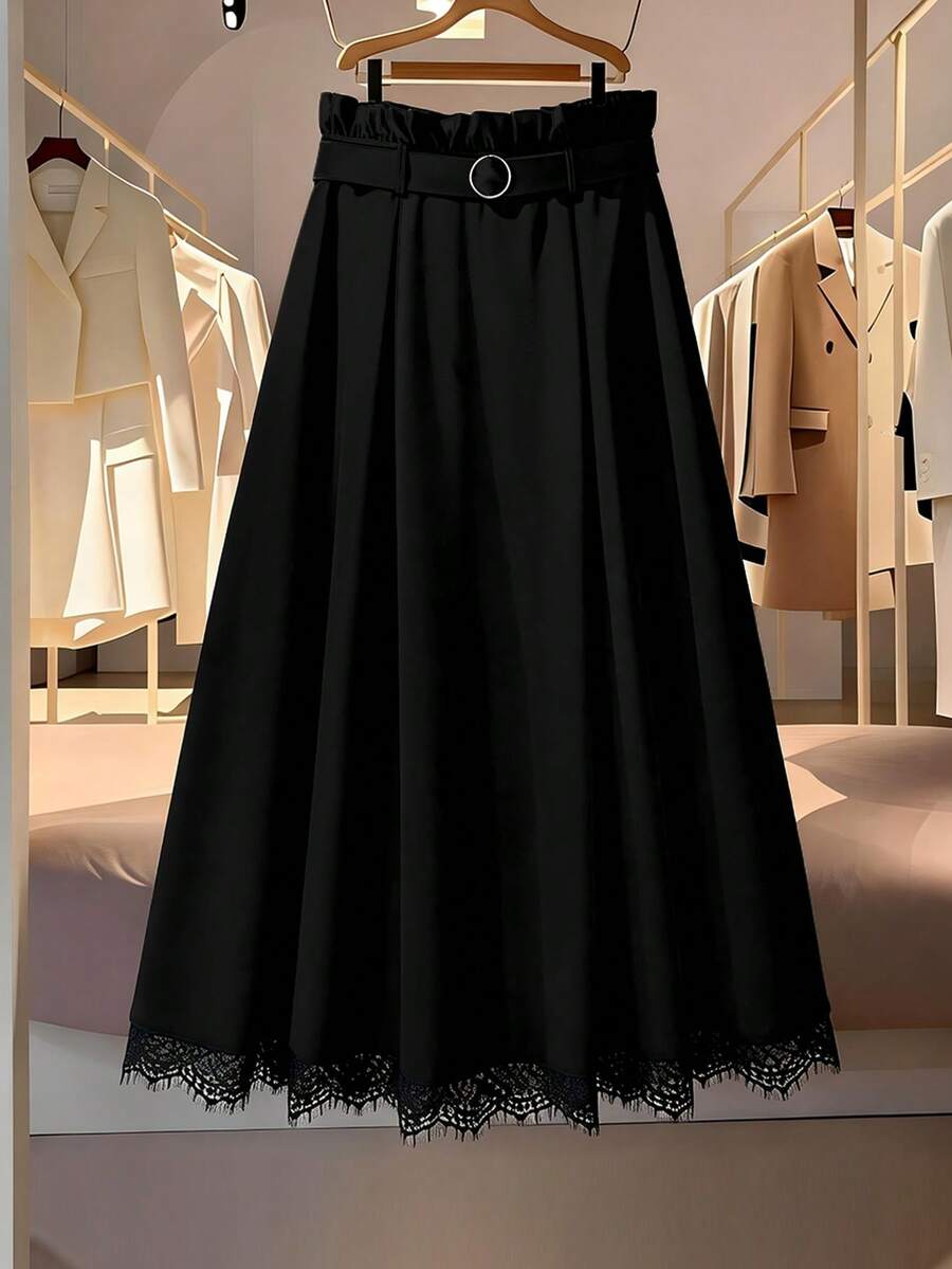 GlowEve CURVE Plus Size Women Elegant Commuter Decorative Button Ruched A-Line Skirt - Black - View 1