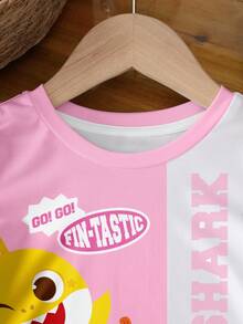 BABY SHARK X SHEIN 女婴卡通印花圆领短袖上衣 - 白色 - 查看 3