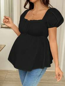 SHEIN BY0626-T 夏季休闲纯黑色孕妇方领衬衫 - 黑色 - 查看 3