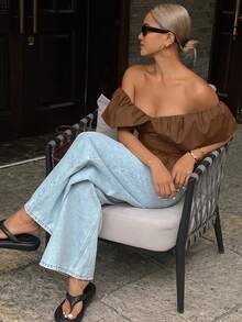 DAZY 女士纯色无肩带单肩优雅短款上衣，秋季外出上衣，夏季露肩款式 - 棕色 - 查看 3