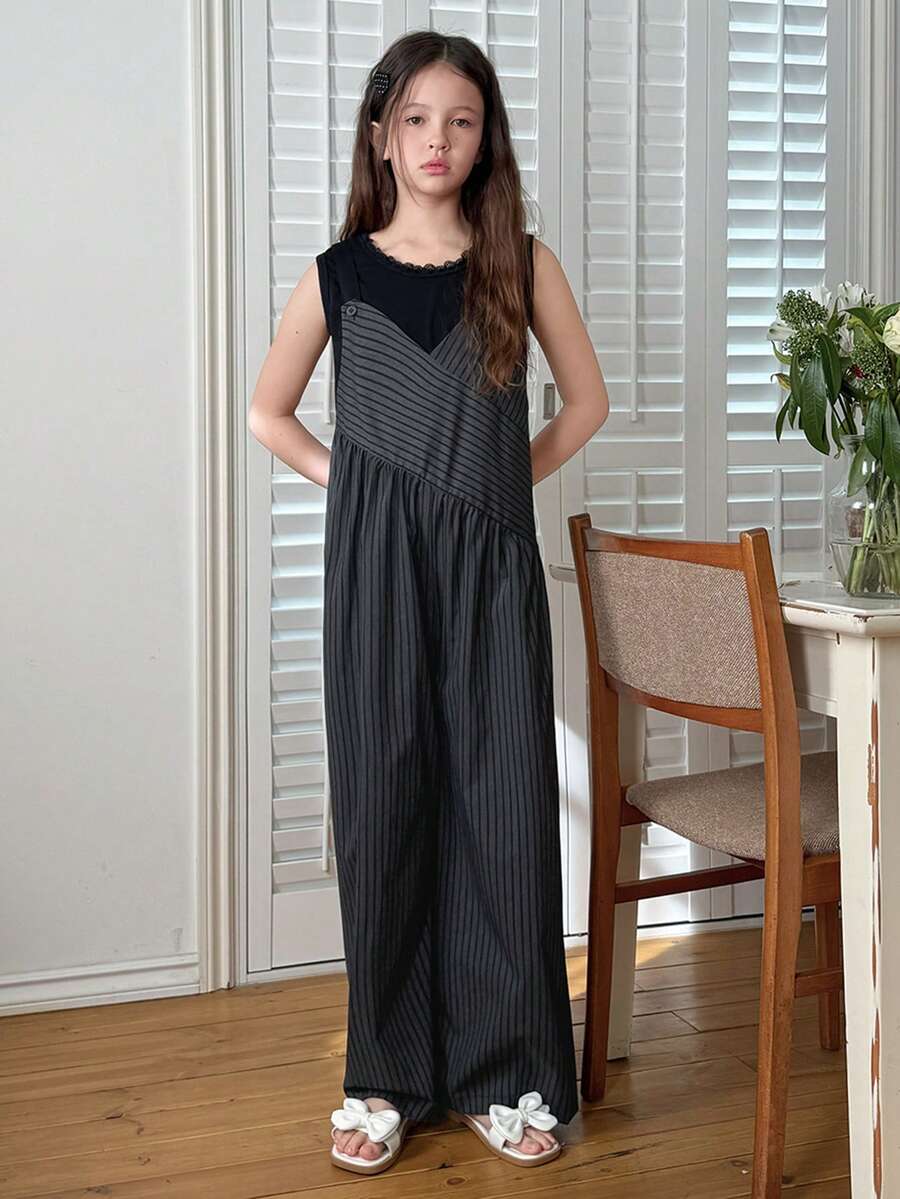 DAZY 2pcs/Set Tween Girls Crew Neck Sleeveless T-Shirt And Jumpsuit Outfit, Fall - Multicolor - View 1