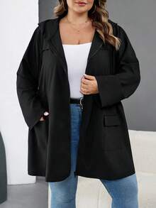 SHEIN CURVE+ Jaqueta com Capuz Preta Casual e Sólida com Zíper para Mulheres Plus Size, Jaqueta Leve Preta com Capuz e Cordão na Cintura, Roupa de Inverno Feminina, Retrô, Agasalho para Inverno, Jaqueta, Corta-Vento, Jaqueta de Inverno Feminina, Novo Lançamento 2025 - Preto - Visão 7