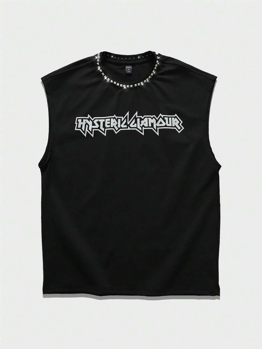 ROMWE MEN 男士街头风字母图案铆钉细节背心，夏季时尚 - 黑色 - 查看 1