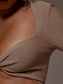 MUSERA Knit Brown Twist Front Long Sleeve Top Holiday Spring Summer Holiday Vacation Beach Ibiza Festival Party Elegant Divinity - Camel - View 6