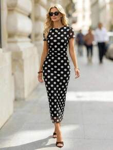 Editum 女士弹力修身黑白波点褶裥优雅中长连衣裙，适合日常穿着和通勤。 - 黑與白 - 查看 1
