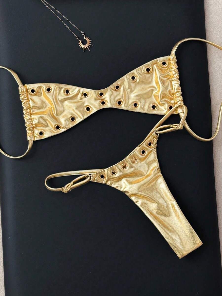 Swim Vcay 2026 New Spring/Summer Women 2pcs Gold Bandeau Bikini Set, Beach Vacation Casual Sexy Swimsuit - Gold - View 1