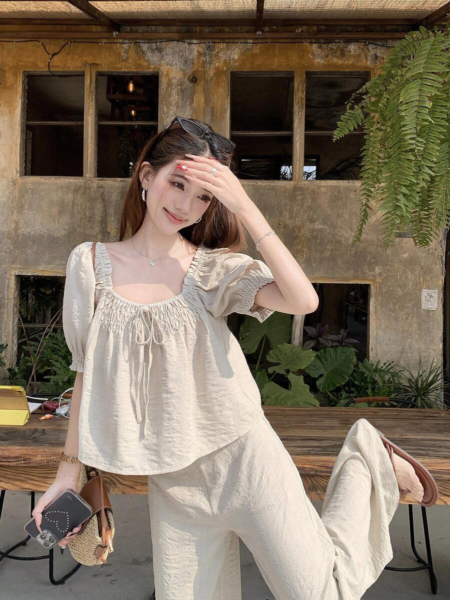 DAZY Women's Off Shoulder Tie Ruched Open Shoulder Short Sleeve T-Shirt And High Waist Wide Leg Casual Pants 2-Piece Set, Summer - Apricot - View 1