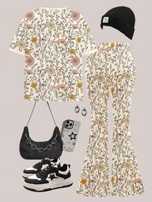 蜜桃色，时尚优雅的波西米亚碎花图案，少女休闲简约舒适圆领短袖T恤搭配喇叭裤两件套，适合春夏日常穿着、居家、运动、农场、返校季等场合。 - 彩色 - 查看 2