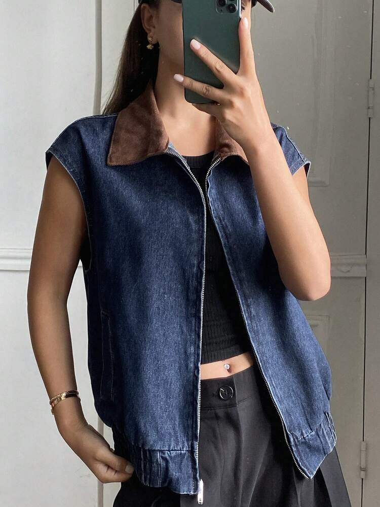 Women's Contrast Color Collar Patchwork Sleeveless Waist Drawstring Casual Denim Jacket And Coat