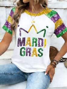 EMERY ROSE Áo thun nữ tay ngắn cổ tròn phối màu tương phản, in chữ và đính sequin, thoải mái, phù hợp mặc hàng ngày và đi nghỉ. - Nhiều màu - Xem 3