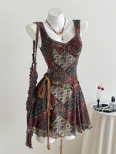 Sweetra Women's Vintage Floral Mini Dress, Waist Cinched, Sleeveless, Ruffle Hem, Romantic Beach Vacation Style, Spring/Summer