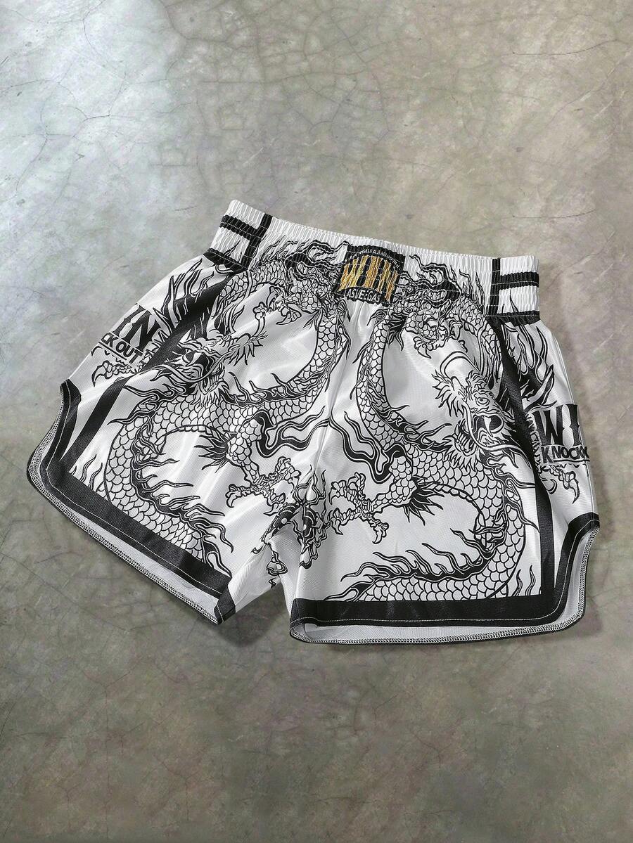 PAVTROS Manfinity Streetrush Men's Shorts One-Piece Set, Elastic Waist, High Tolerance, High Waist And Short Version, Super Shorts, Glossy Fabric With "Black And White Dragon And Tiger" Pattern, Thai Boxer Shorts, Sports Casual Basketball Shorts, Side Slits, Hot On Ins, Young Casual Sports Daily Commuting And Vacation Wear, The First Choice For Gifts For Boyfriends And Husbands, Couples Wear - White - View 1