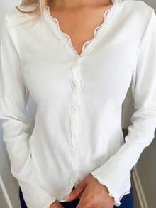 Sydney Algeri 女士蕾丝荷叶边修身开衫长袖白色上衣 - 白色 - 查看 6