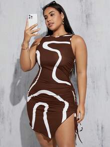 SHEIN Essnce 大码夏季女式修身束腰抽绳连衣裙，紧身连衣裙，曲线连衣裙，休闲夏季连衣裙，黑色夏季连衣裙，黑白连衣裙，曲线半身裙（不规则印花连衣裙） - 棕色 - 查看 5